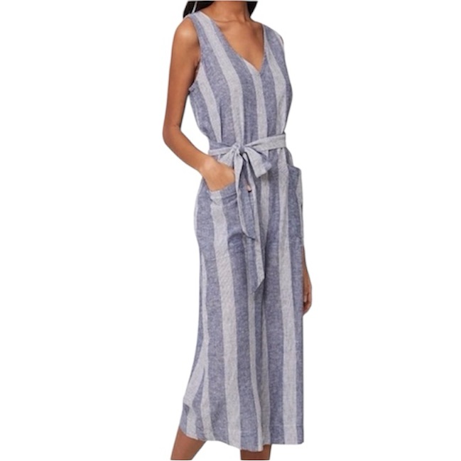 Beachlunchlounge Lennon Blue Striped Tie Waist Linen Blend Crop Jumpsuit Small